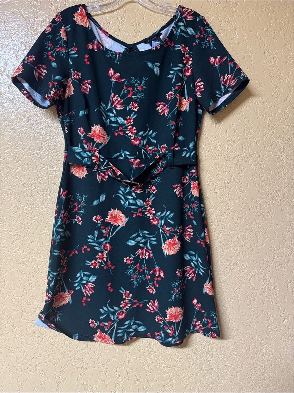 B Darlin Black Floral Fit-and-Flare Mini Dress with Coral and Teal Accents